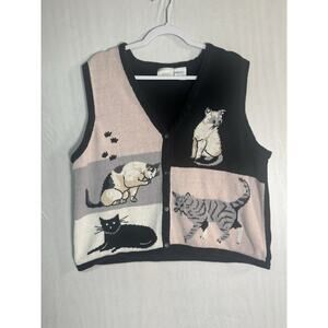 Vintage Womens Blair Cat Sweater Vest Black Pink Knit Button Grandma Core Sz L